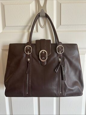 Classic DKNY Brown Leather Tote Buckle Accent NWT
